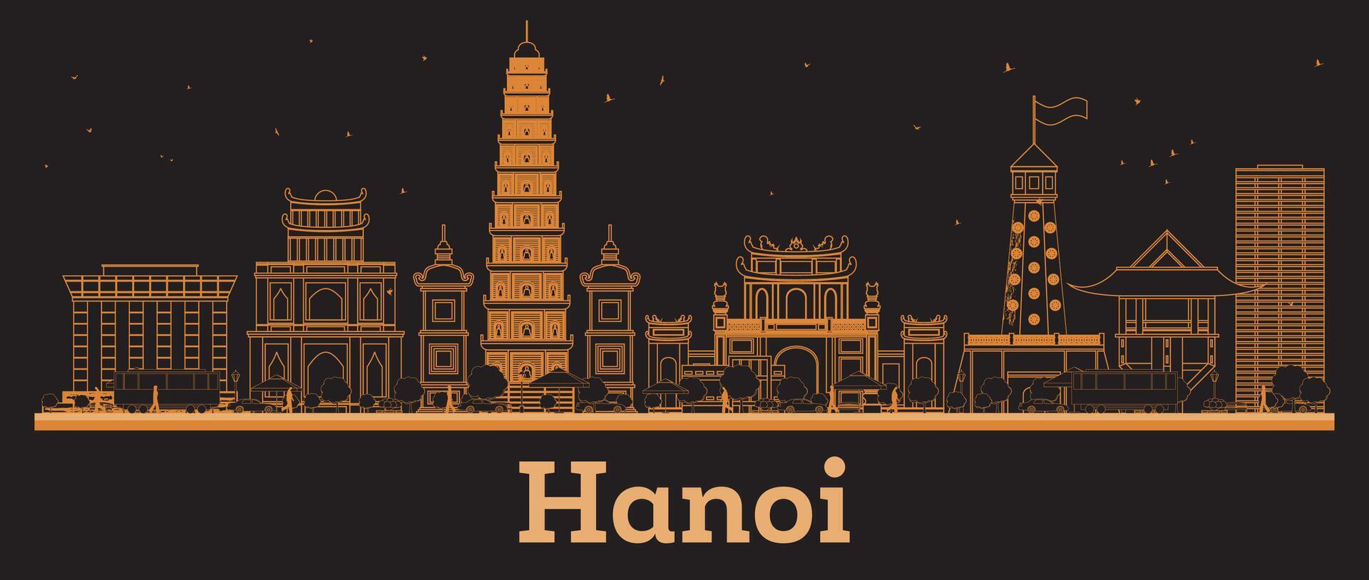 Outline Hanoi Vietnam City Skyline with orange Buildings. Business Travel and Concept with Modern Architecture. Hanoi Cityscape with Landmarks. vector