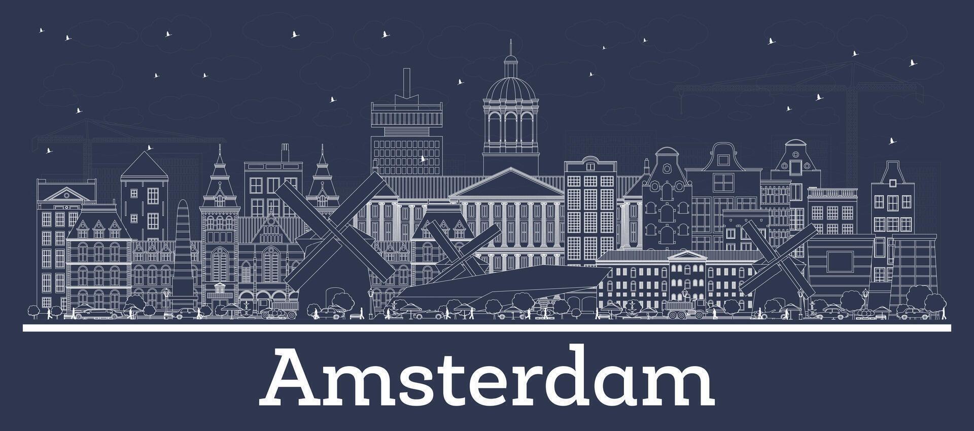 Outline Amsterdam Holland City Skyline with white Buildings. Business Travel and Tourism Concept with Historic Architecture. Amsterdam Netherlands Cityscape with Landmarks. vector