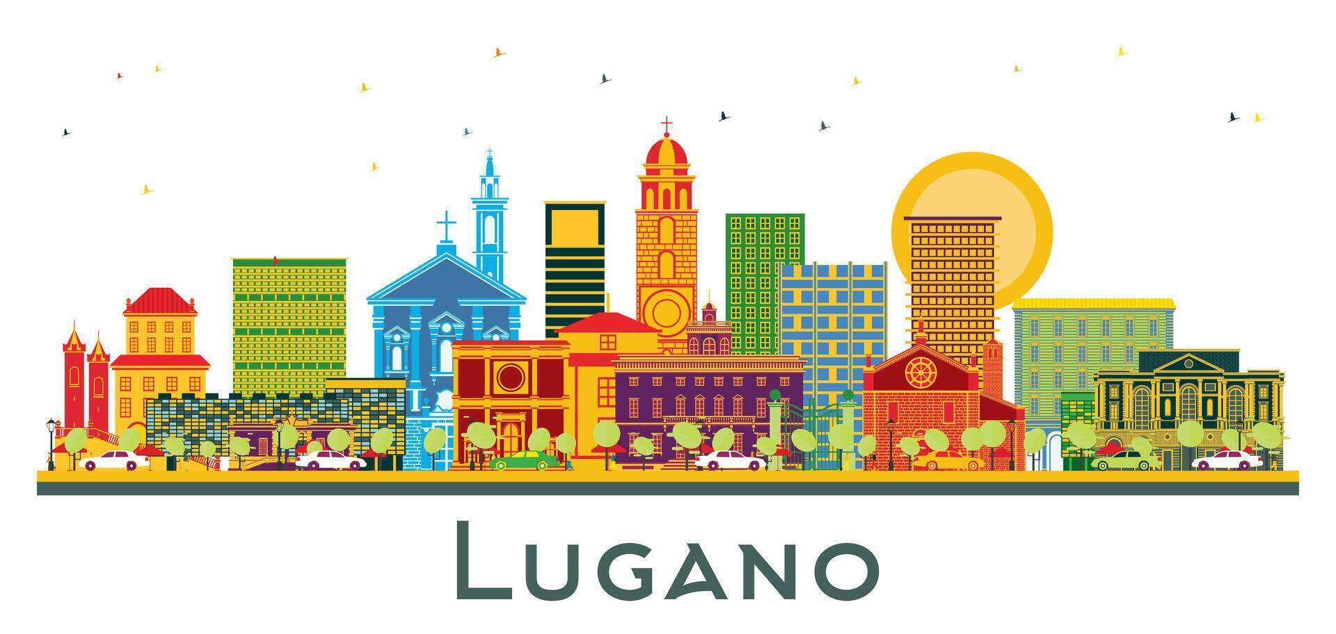 Lugano Switzerland Skyline with Color Buildings isolated on white. Business Travel and Tourism Illustration with Historic Architecture. Lugano Cityscape with Landmarks. vector