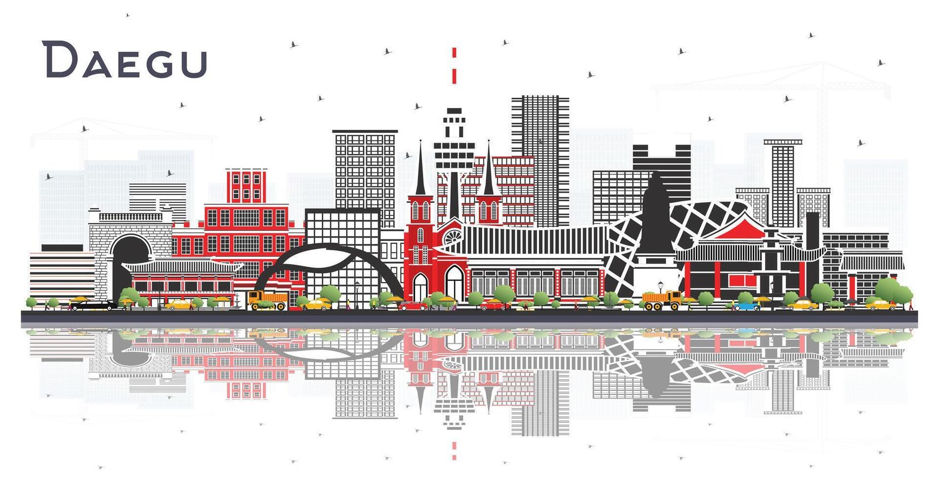 Daegu South Korea City Skyline with Color Buildings Isolated on White. Business Travel and Tourism Concept with Historic and Modern Architecture. Daegu Cityscape with Landmarks. vector