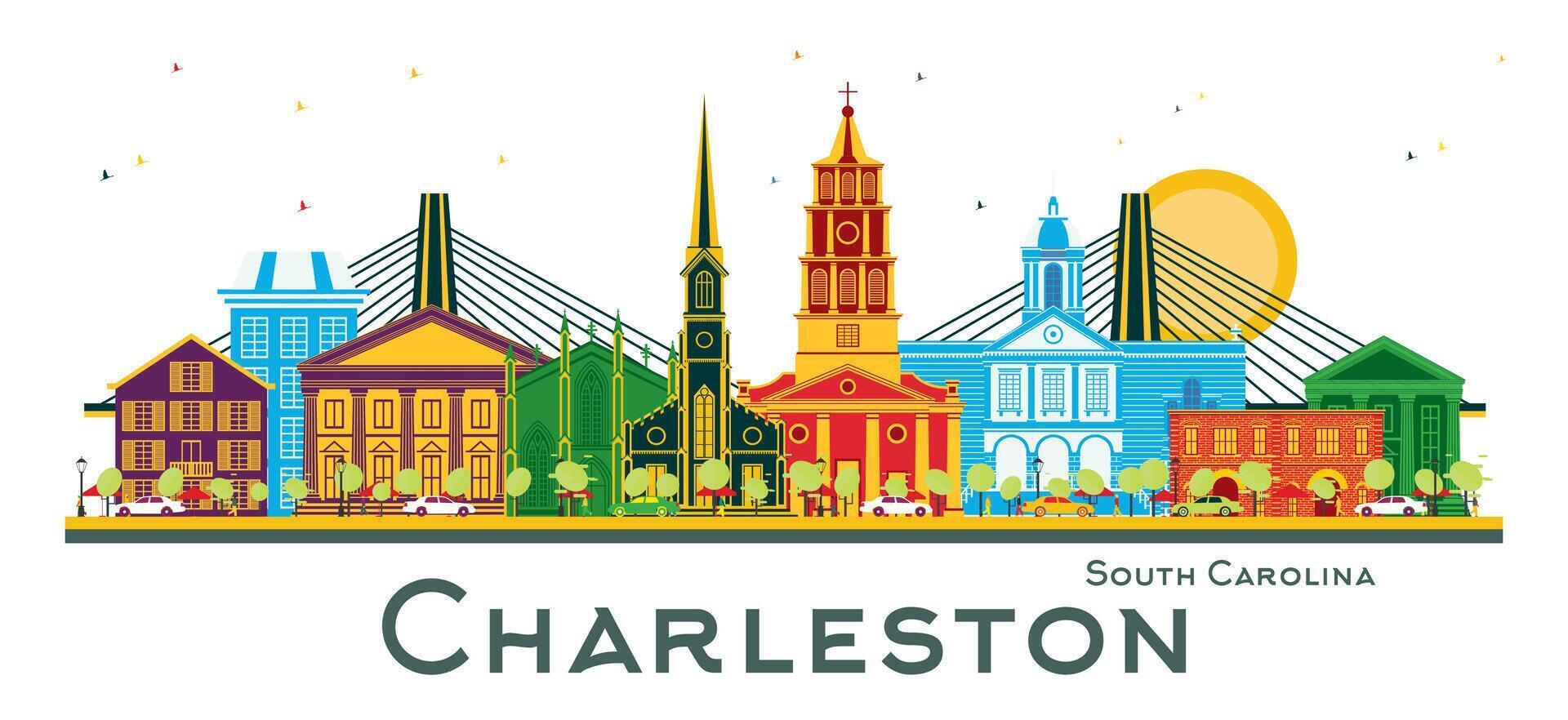 Charleston South Carolina City Skyline with Color Buildings isolated on white. Business Travel and Tourism Concept with Historic Architecture. Charleston Cityscape with Landmarks. vector