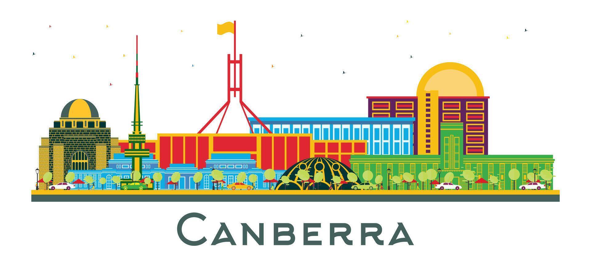 Canberra Australia City Skyline with Color Buildings isolated on white. Business Travel and Tourism Concept with Modern Architecture. Canberra Cityscape with Landmarks. vector