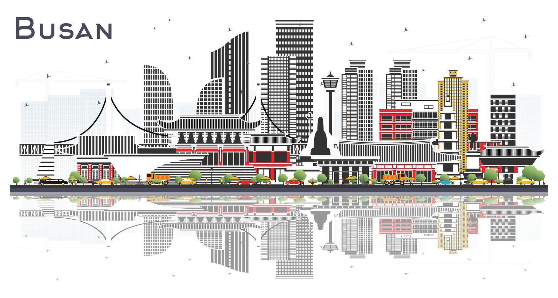 Busan South Korea City Skyline with Color Buildings Isolated on White. Tourism Concept with Historic and Modern Architecture. Busan Cityscape with Landmarks. vector