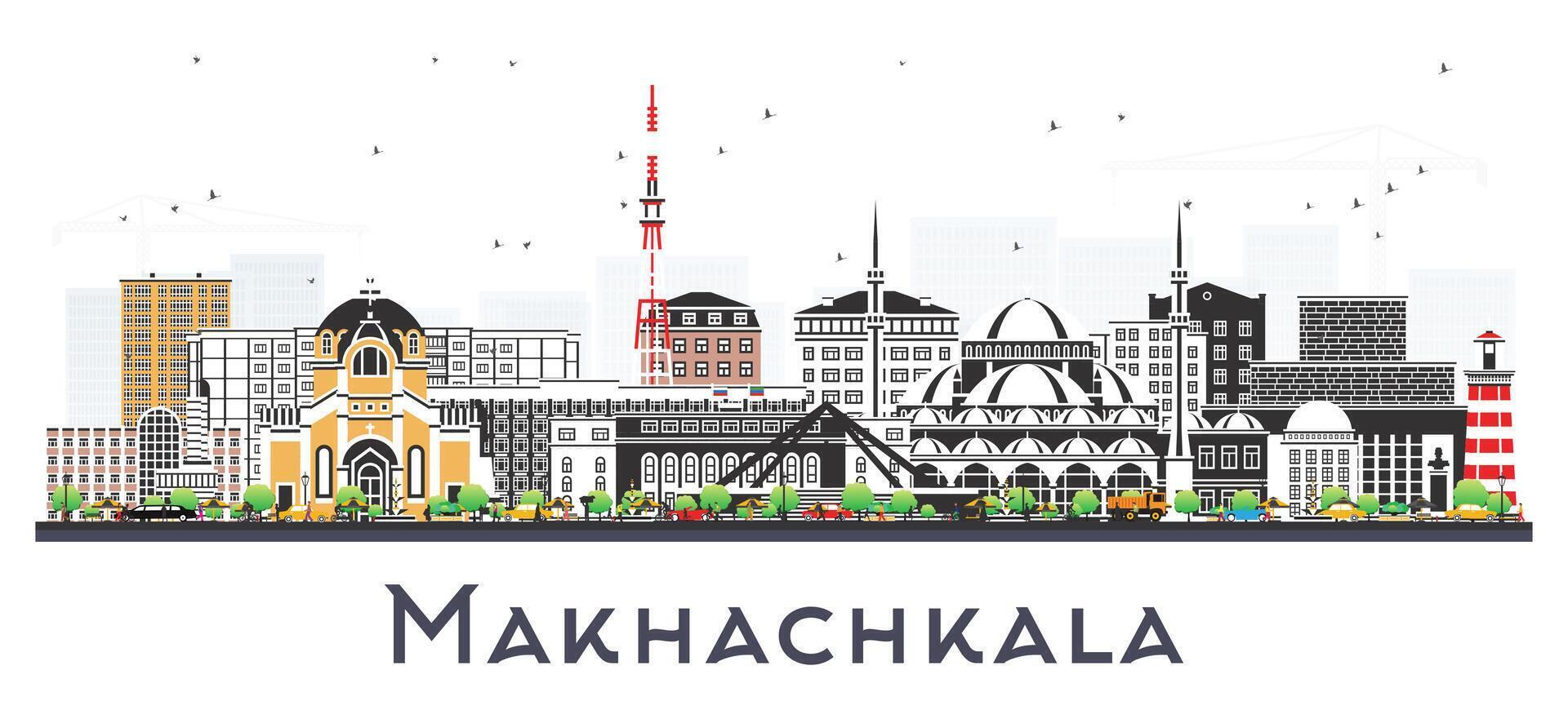 Makhachkala Russia city skyline with color buildings isolated on white. Makhachkala cityscape with landmarks. Business travel and tourism concept with modern and historic architecture. vector
