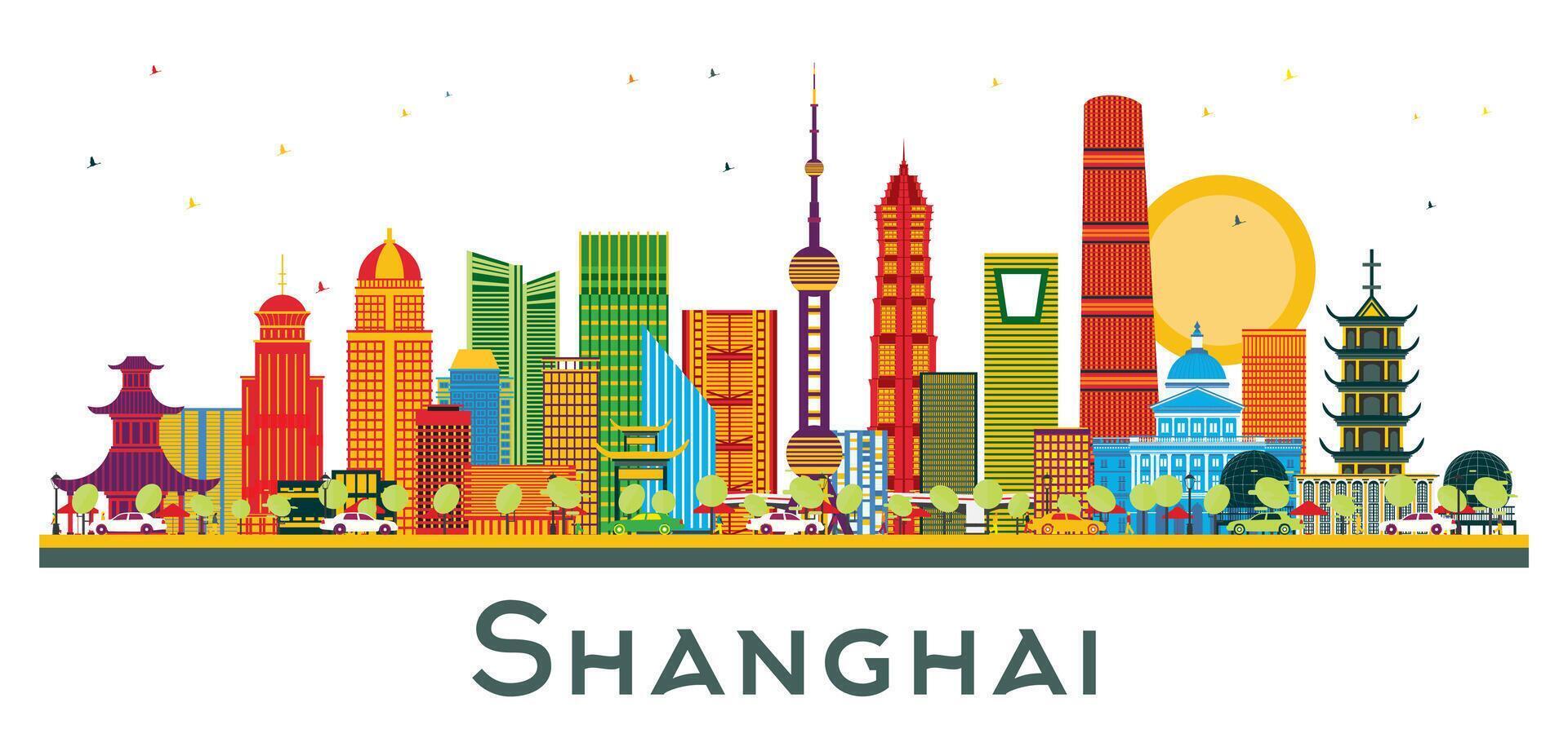 Shanghai China City Skyline with Color Buildings isolated on white. Business Travel and Tourism Concept with Modern Architecture. Shanghai Cityscape with Landmarks. vector