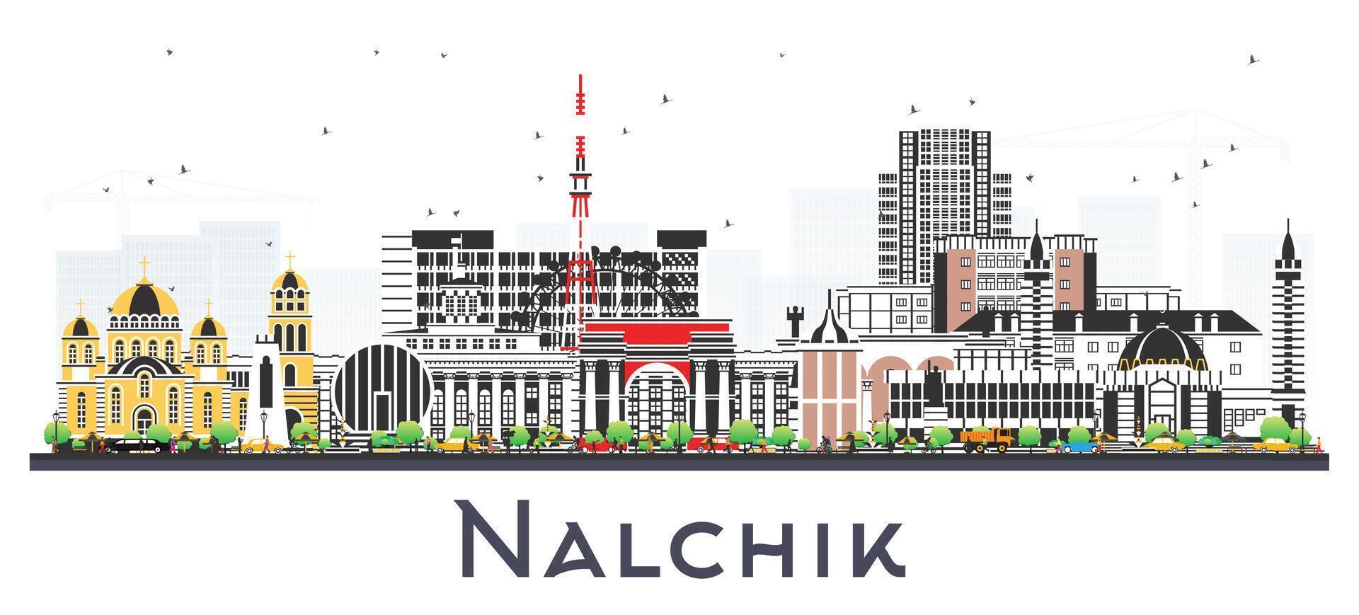Nalchik Russia city skyline with color buildings isolated on white. Nalchik cityscape with landmarks. Business travel and tourism concept with modern and historic architecture. vector