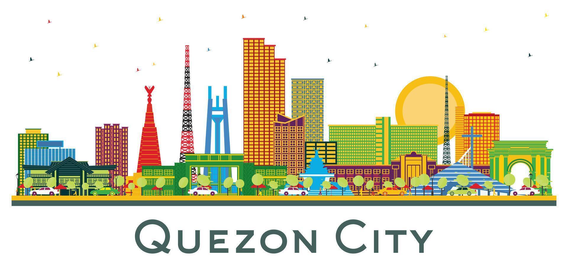 Quezon City Philippines City Skyline with Color Buildings isolated on white. Business Travel and Tourism Illustration with Modern Architecture. Quezon City Cityscape. vector