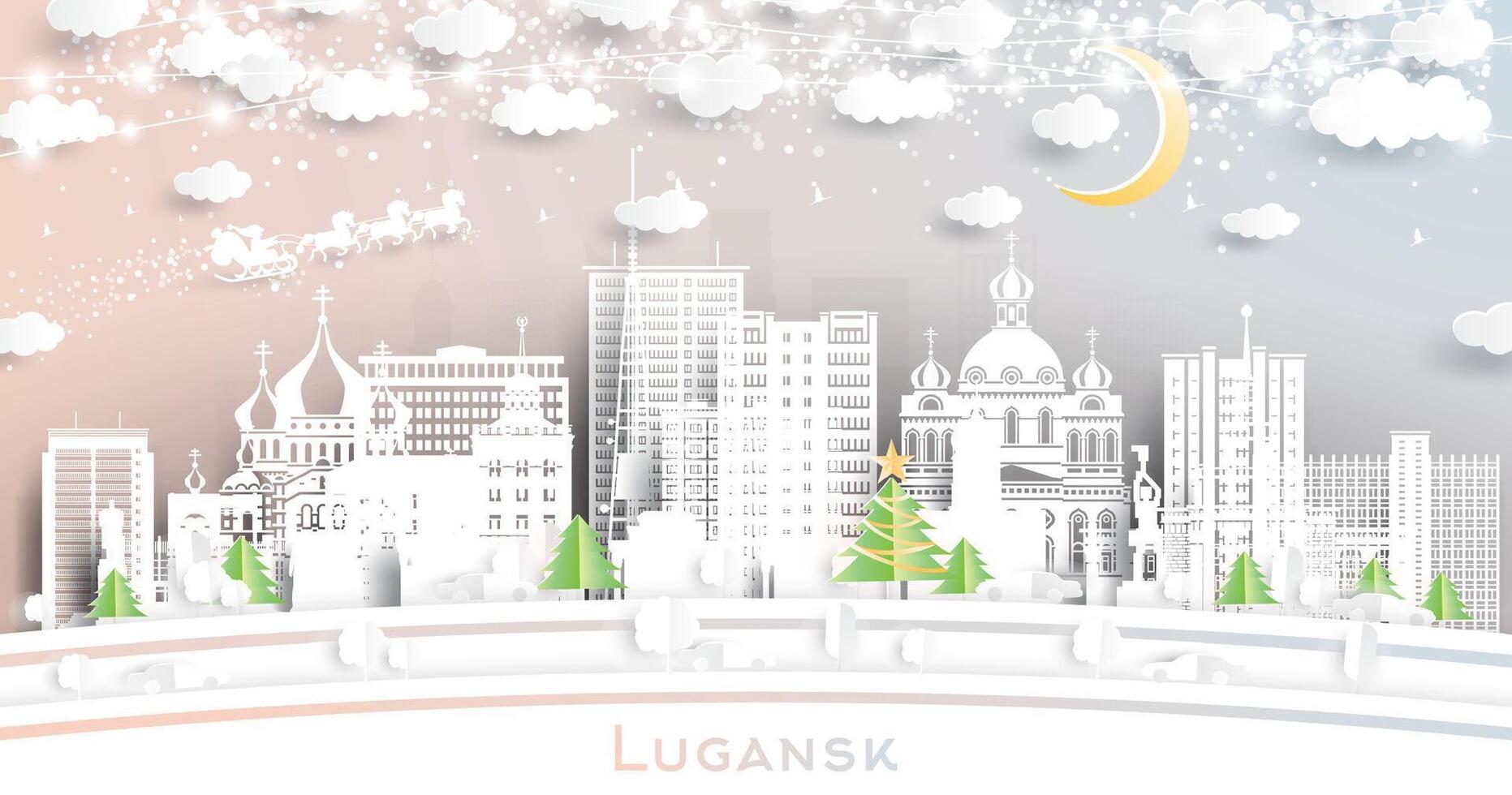 Lugansk. Winter city skyline in paper cut style with snowflakes, moon and neon garland. Christmas and new year concept. Santa Claus on sleigh. Luhansk cityscape with landmarks. vector
