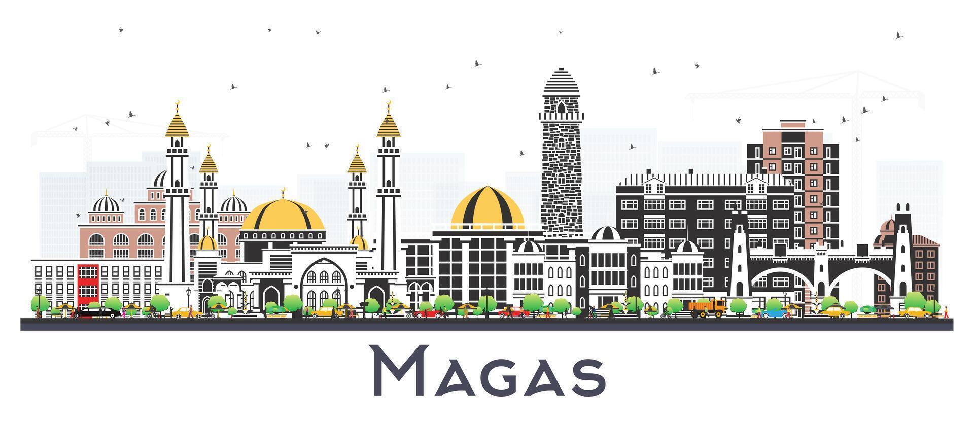 Magas Russia city skyline with color buildings isolated on white. Magas cityscape with landmarks. Business travel and tourism concept with modern and historic architecture. vector