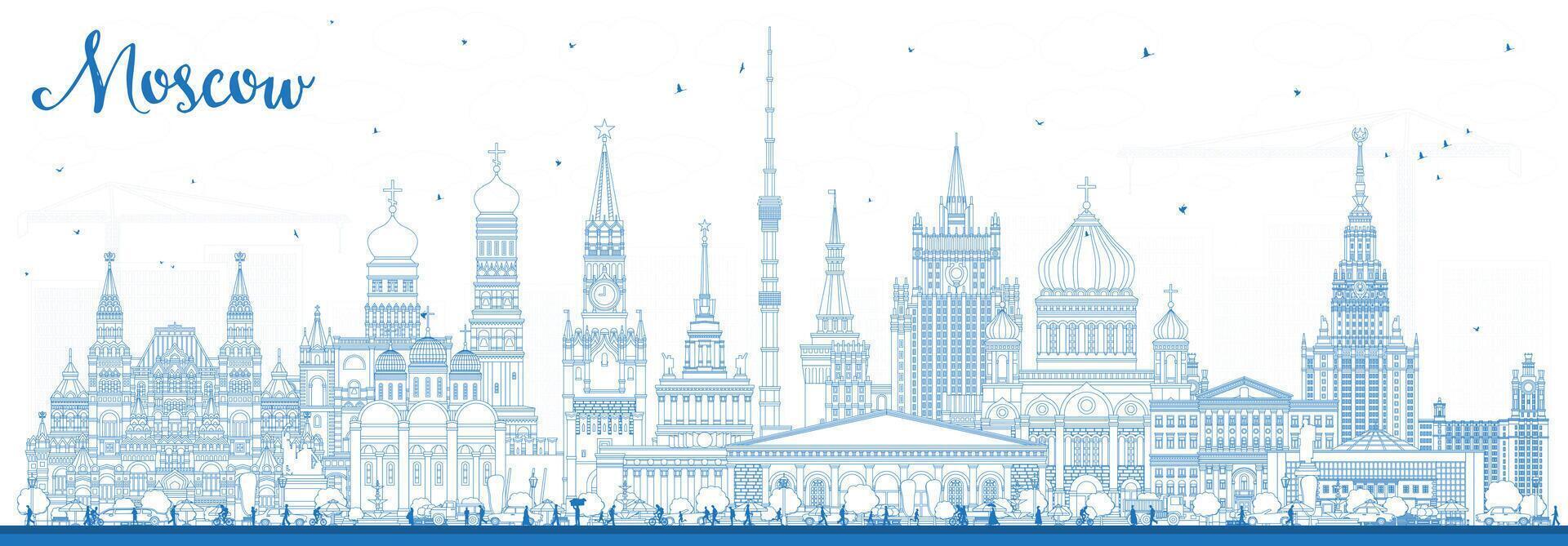 Outline Moscow Russia city skyline with blue buildings. Moscow cityscape with landmarks. Travel and tourism concept with modern and historic architecture. vector