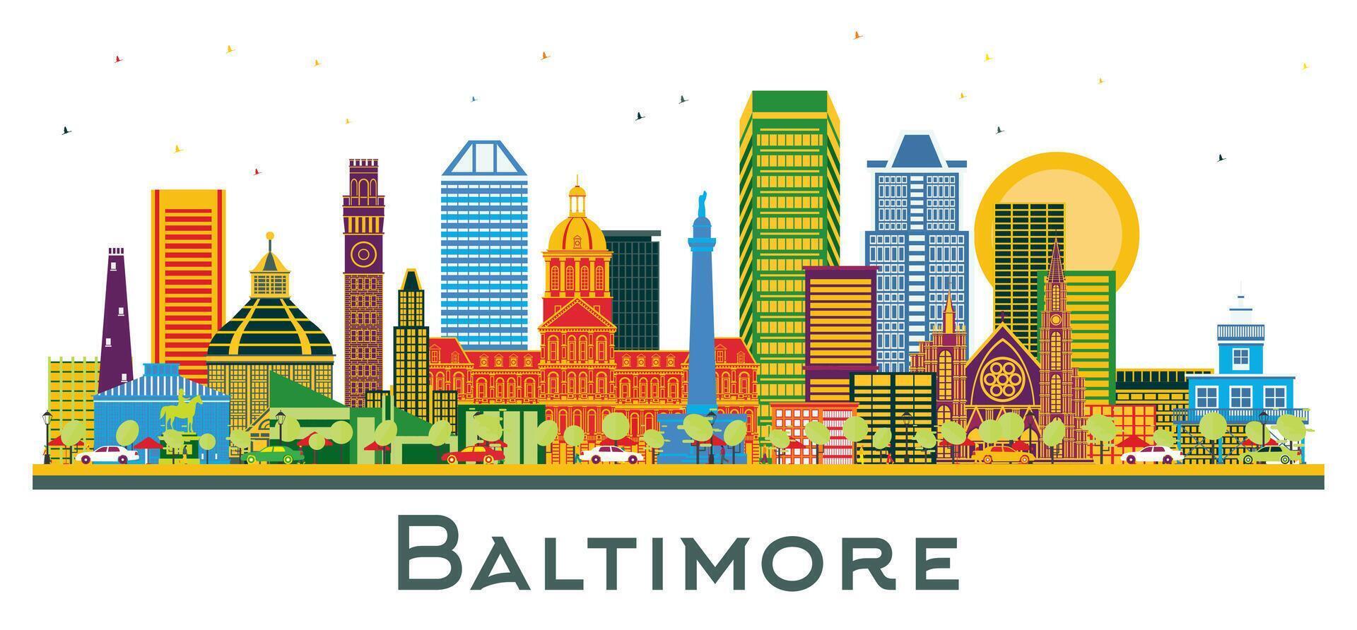 Baltimore Maryland City Skyline with Color Buildings isolated on white. Business Travel and Tourism Concept with Modern Architecture. Baltimore Cityscape with Landmarks. vector