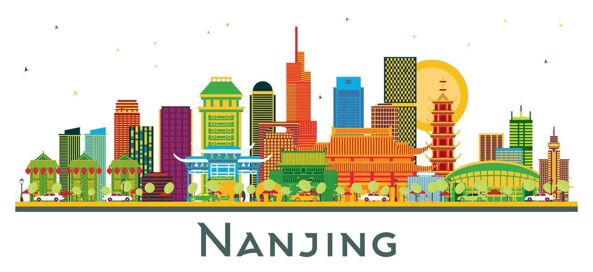 Nanjing China City Skyline with Color Buildings isolated on white. Business Travel and Tourism Illustration with Modern Architecture. Nanjing Cityscape with Landmarks. vector