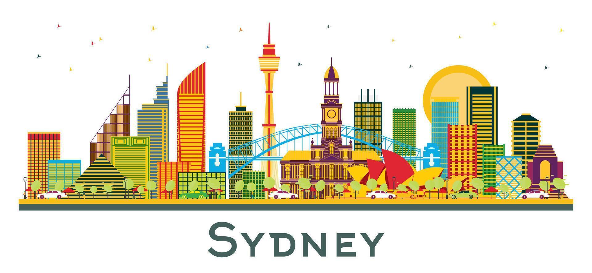 Sydney Australia City Skyline with Color Buildings isolated on white. Business Travel and Tourism Concept with Modern Architecture. Sydney Cityscape with Landmarks. vector