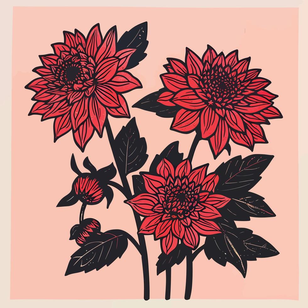 a drawing of red flowers on a pink background vector