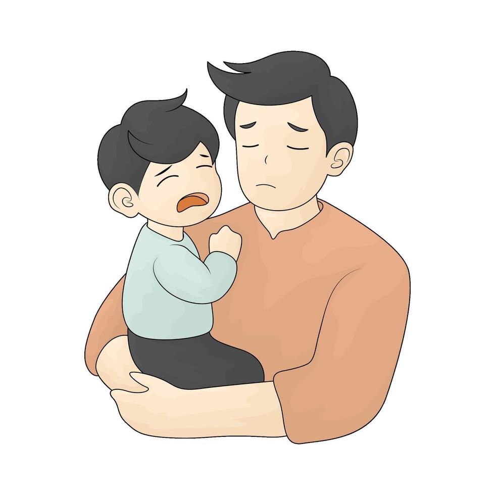father holding a crying child vector
