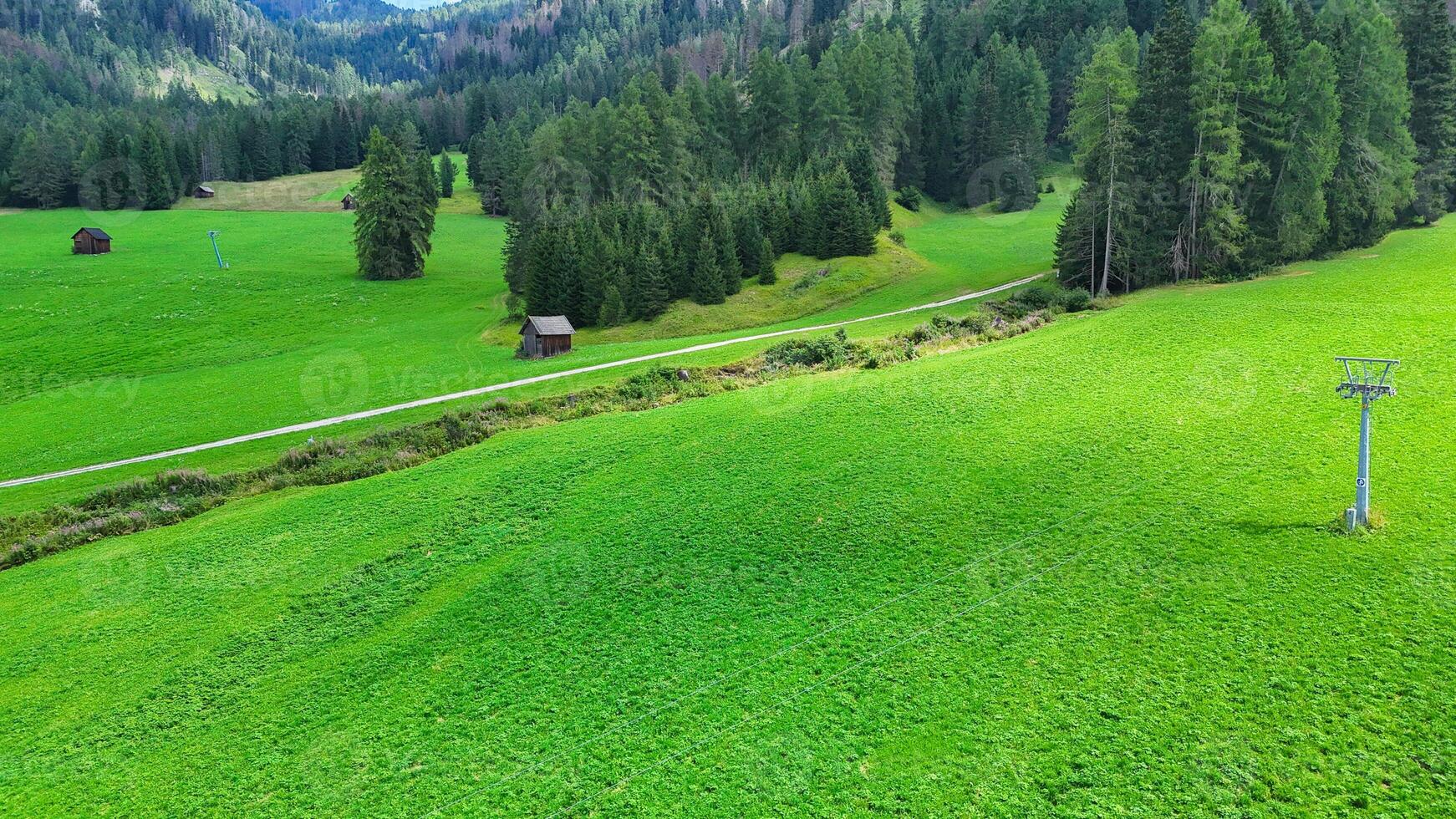 Lush green landscape with a winding path and rustic cabins under a clear sky in the heart of nature during a serene afternoon photo