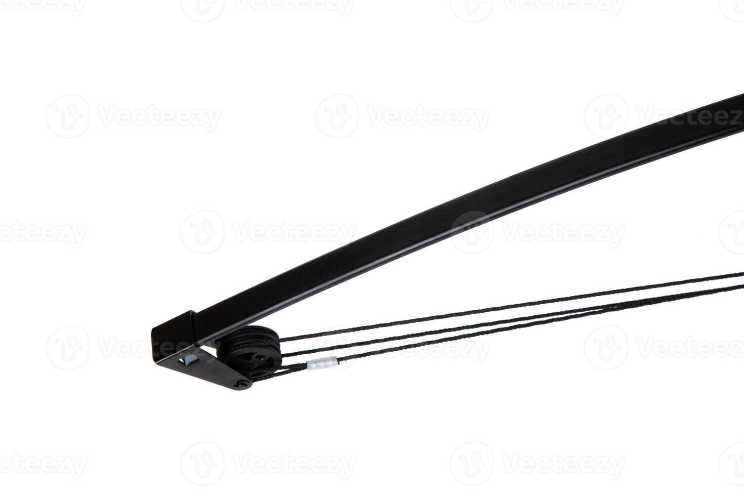 Close-up of compound bow limb and pulley system, black detail on white back photo