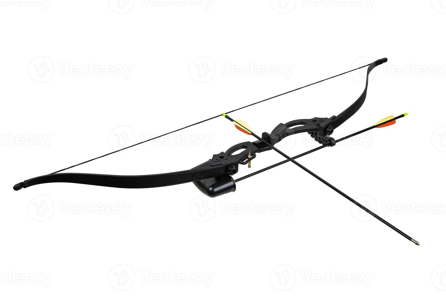 Modern black recurve bow with two hunting arrows and string tension photo