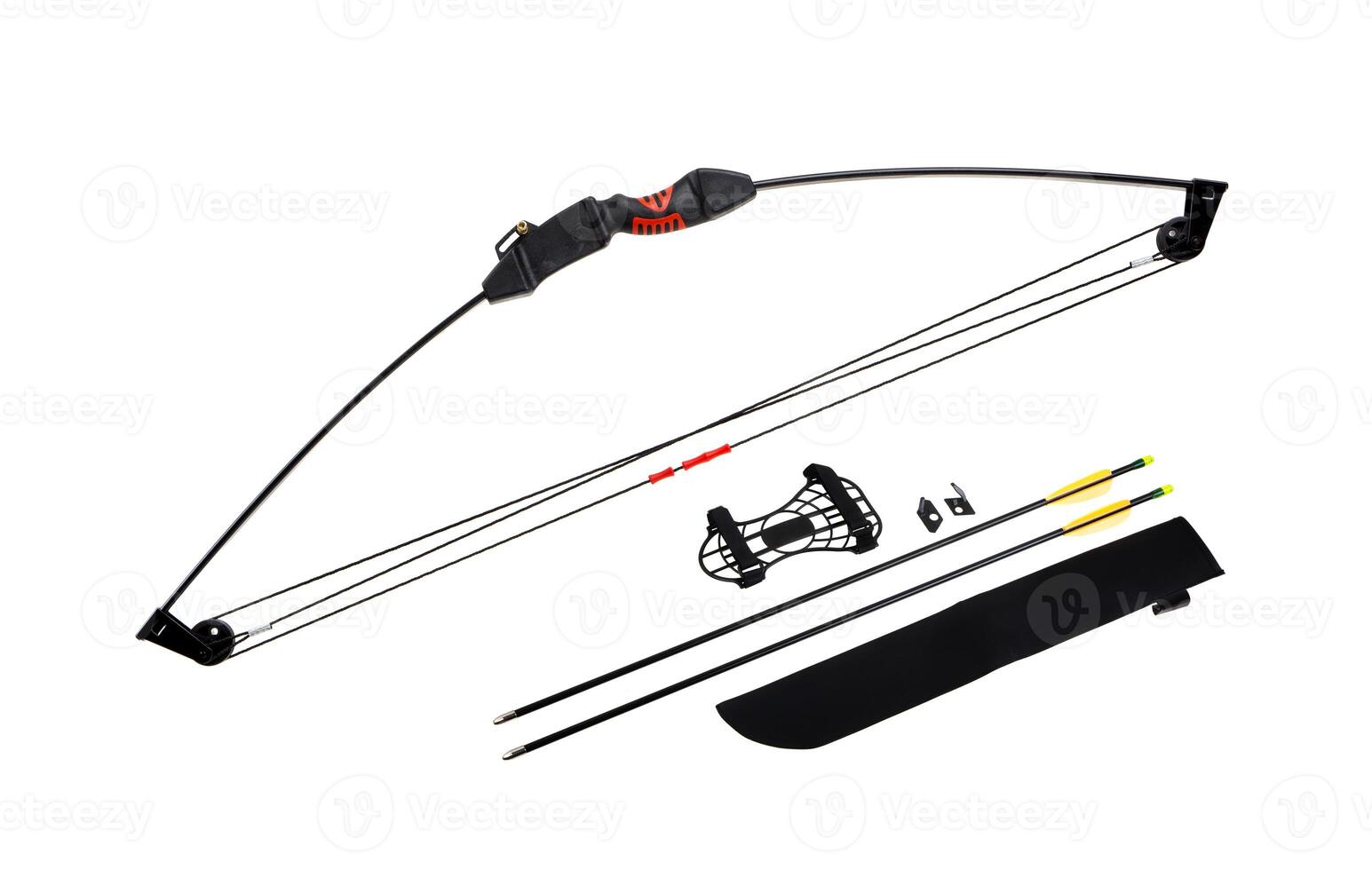 Compound bow archery set with arrows, arm guard, and accessories on white back photo