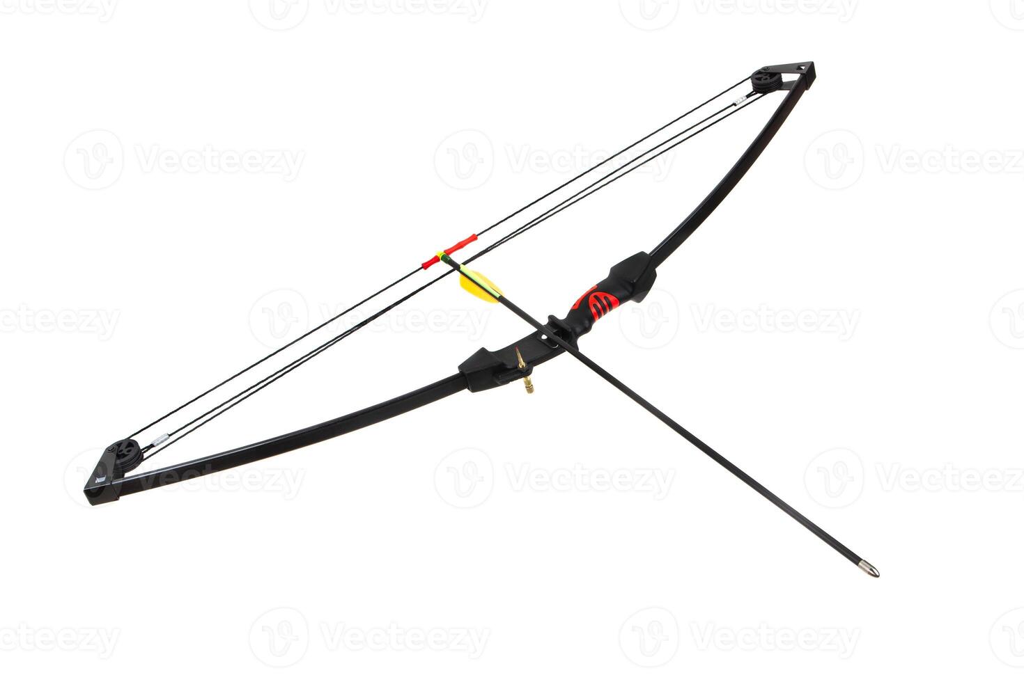Modern black compound bow with arrow nocked, isolated on white back photo
