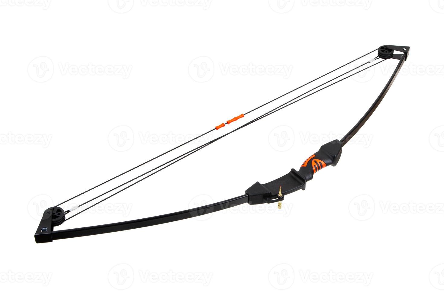 Modern compound bow with orange grip and dual-string system photo