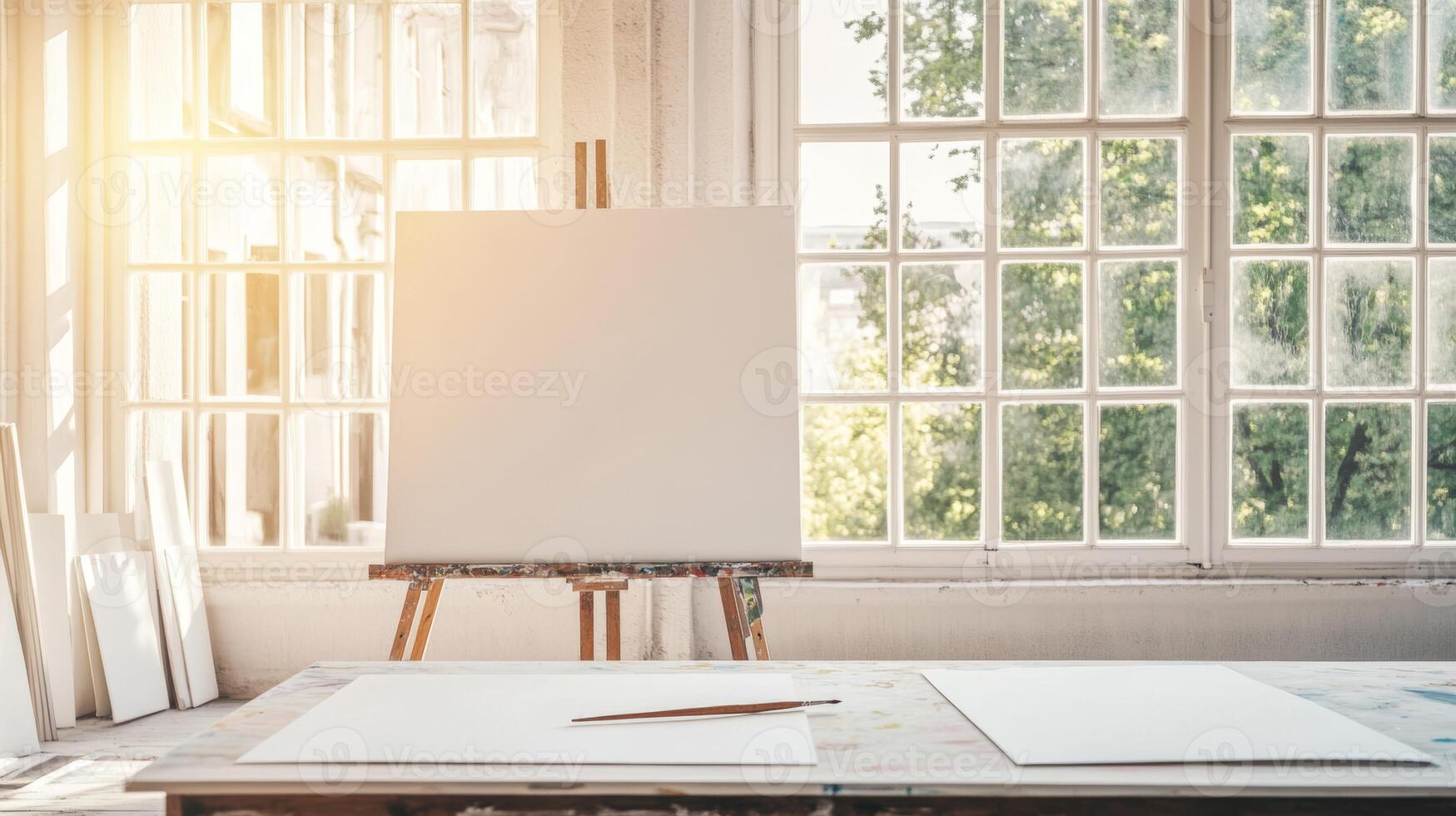Large blank canvas standing on a wooden easel in a sunlit artist studio with brush and paper sheets lying on table and large window with view on green trees in background photo