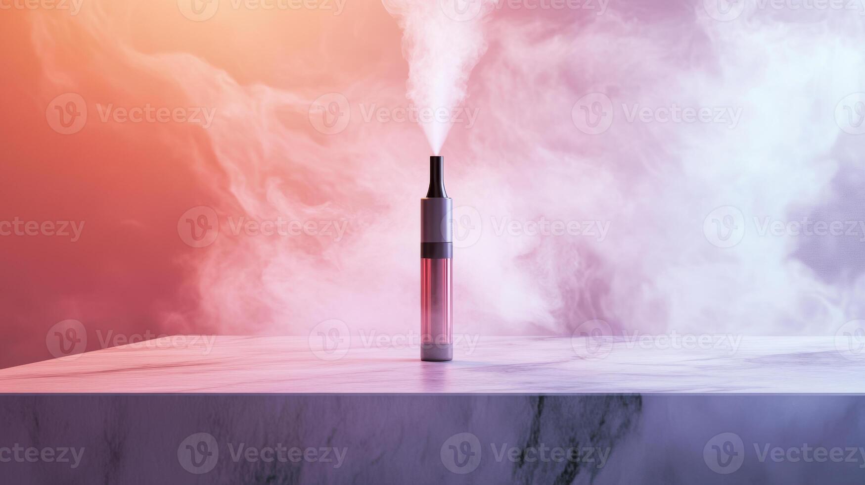 Electronic cigarette releasing vapor against marble backdrop, orange-purple gradient creating moody atmospheric smoke pattern photo