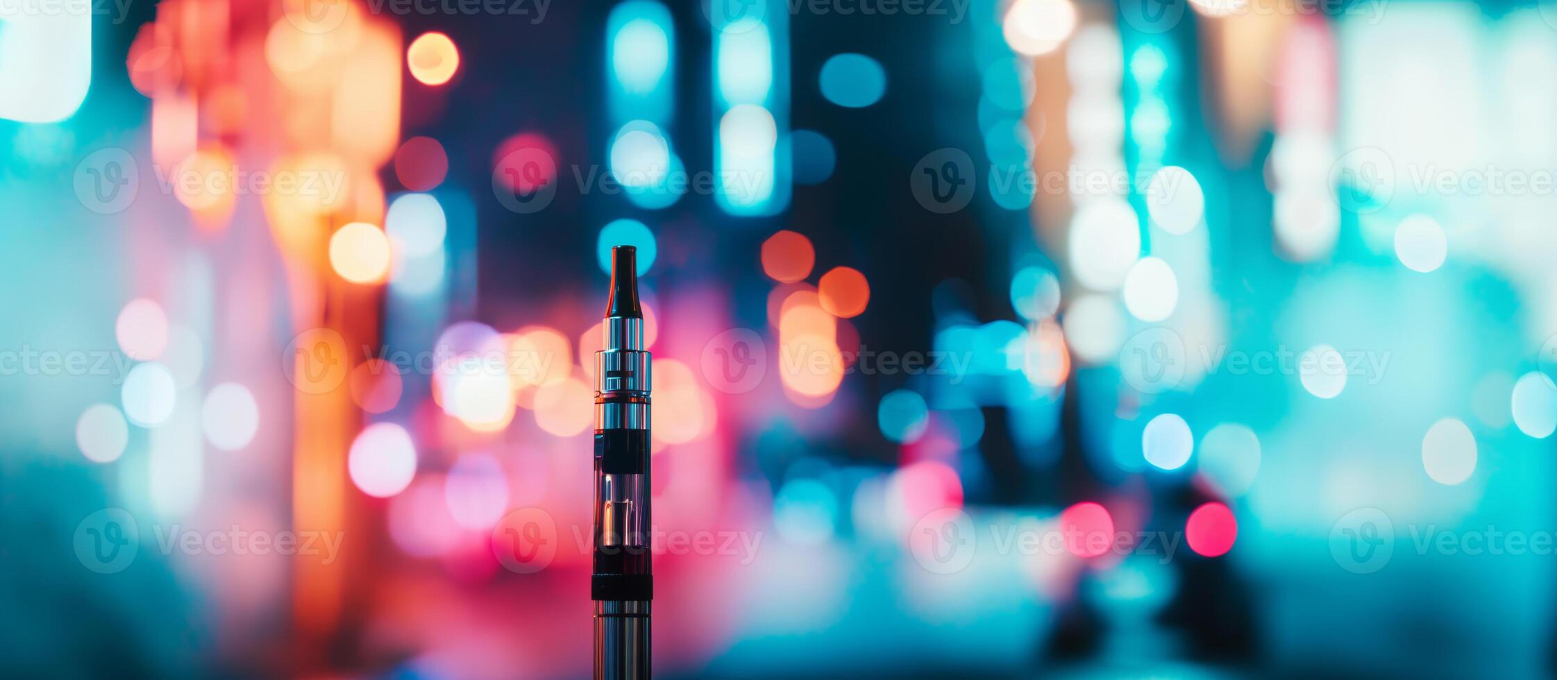 Electronic cigarette glowing in the dark with colorful bokeh lights of a modern city in the background, representing urban vaping trends and nightlife photo