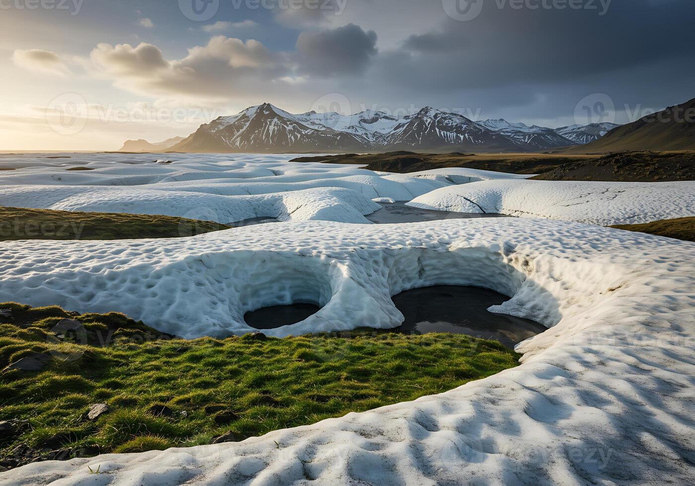 A view of a glacier with snow and grass photo