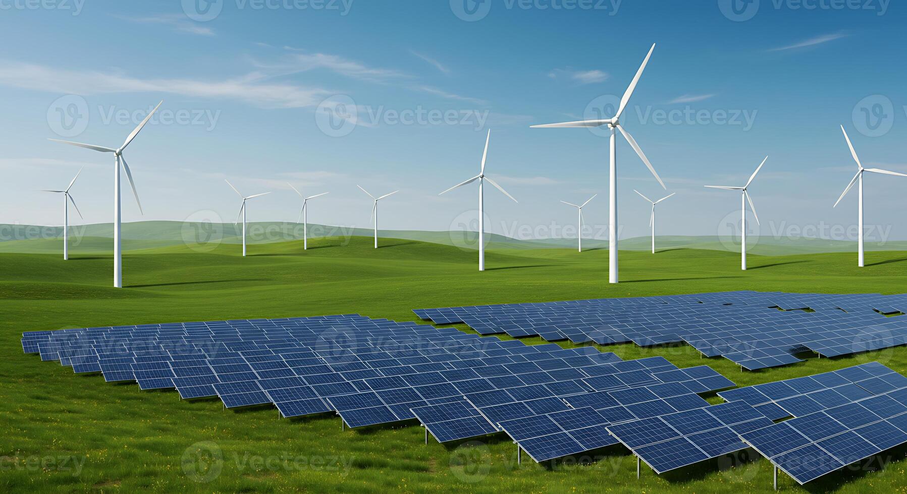 A field of solar panels and wind turbines photo