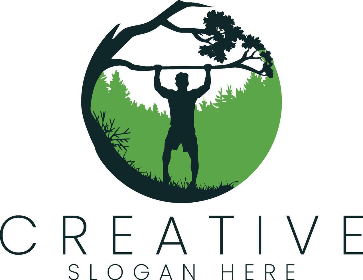 Strong Man Silhouette Lifting Tree Branch Nature Logo Design eco icon park green woods vector