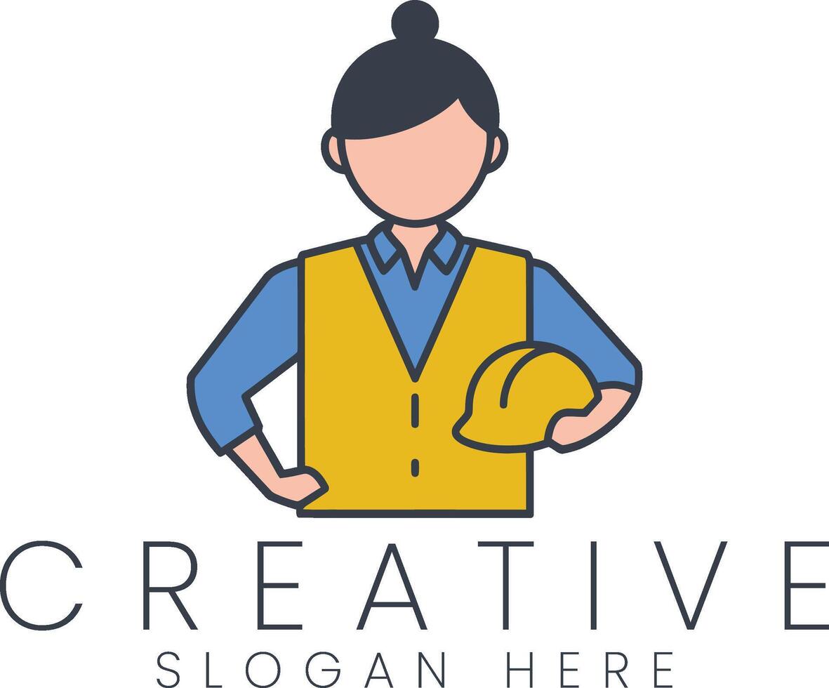 Female Engineer Logo Design Yellow Vest Helmet Creative Icon Flat Girl Team Image Clean vector