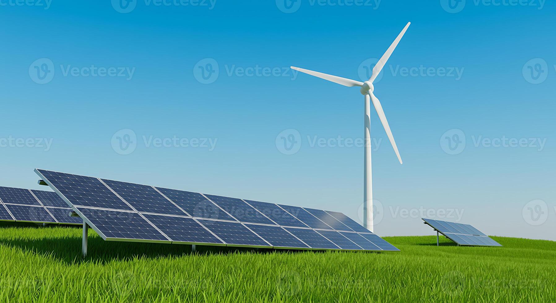 Solar panels and wind turbines on a grassy hill photo