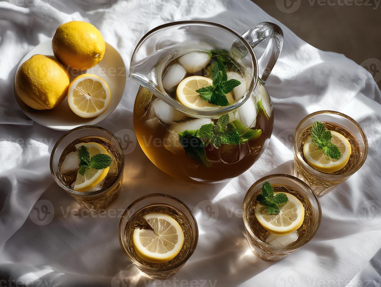 Refreshing iced tea with lemon and mint in a glass pitcher and glasses. photo