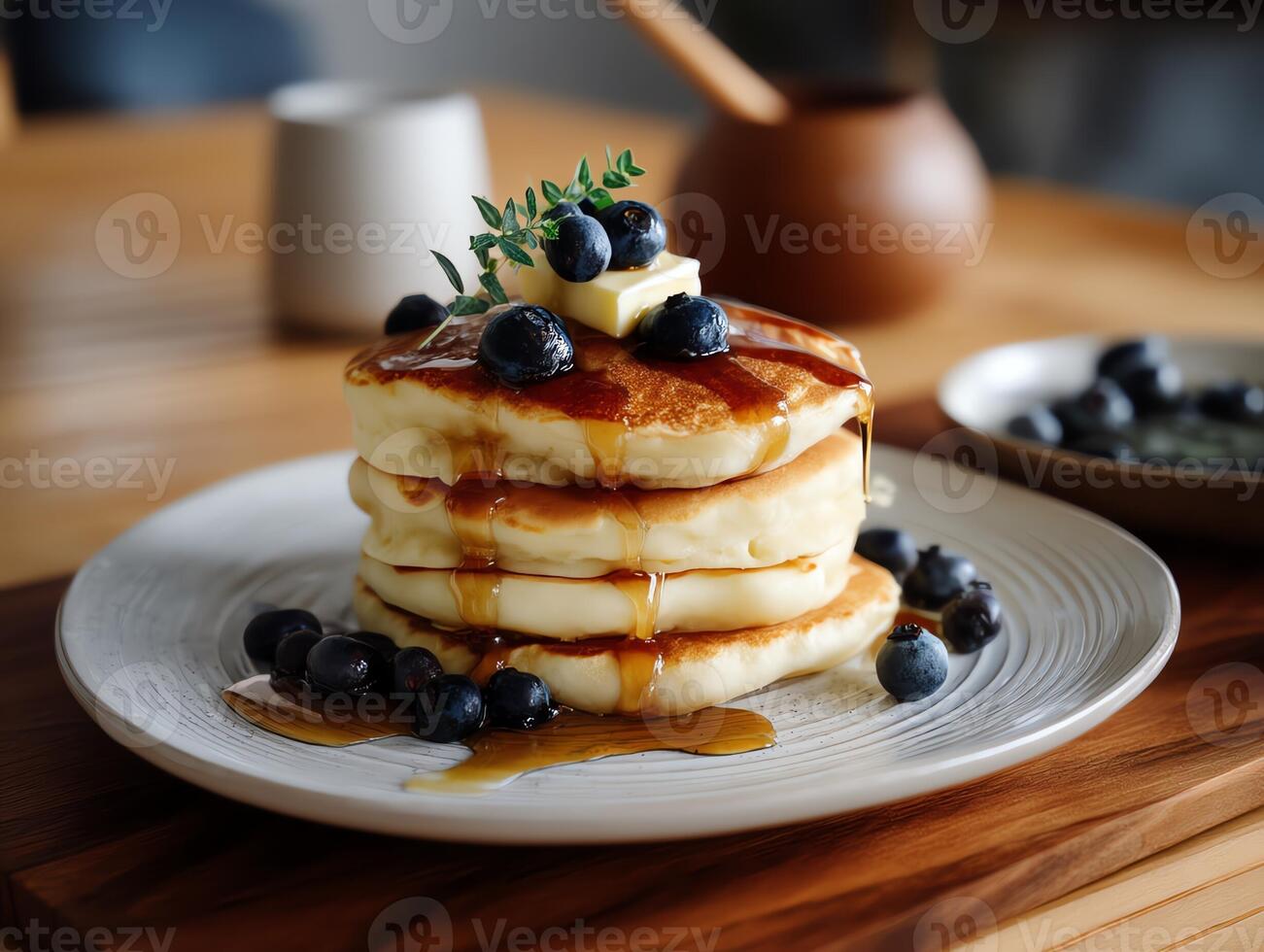 Pancakes stacked with maple syrup drizzle and fresh blueberries, butter melting on top, white ceramic plate on wooden table, Canon EOS R5, 50mm lens photo