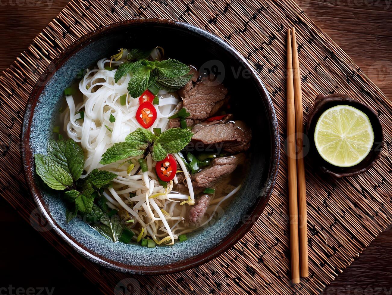 Vietnamese pho served in ceramic bowl sliced beef photo