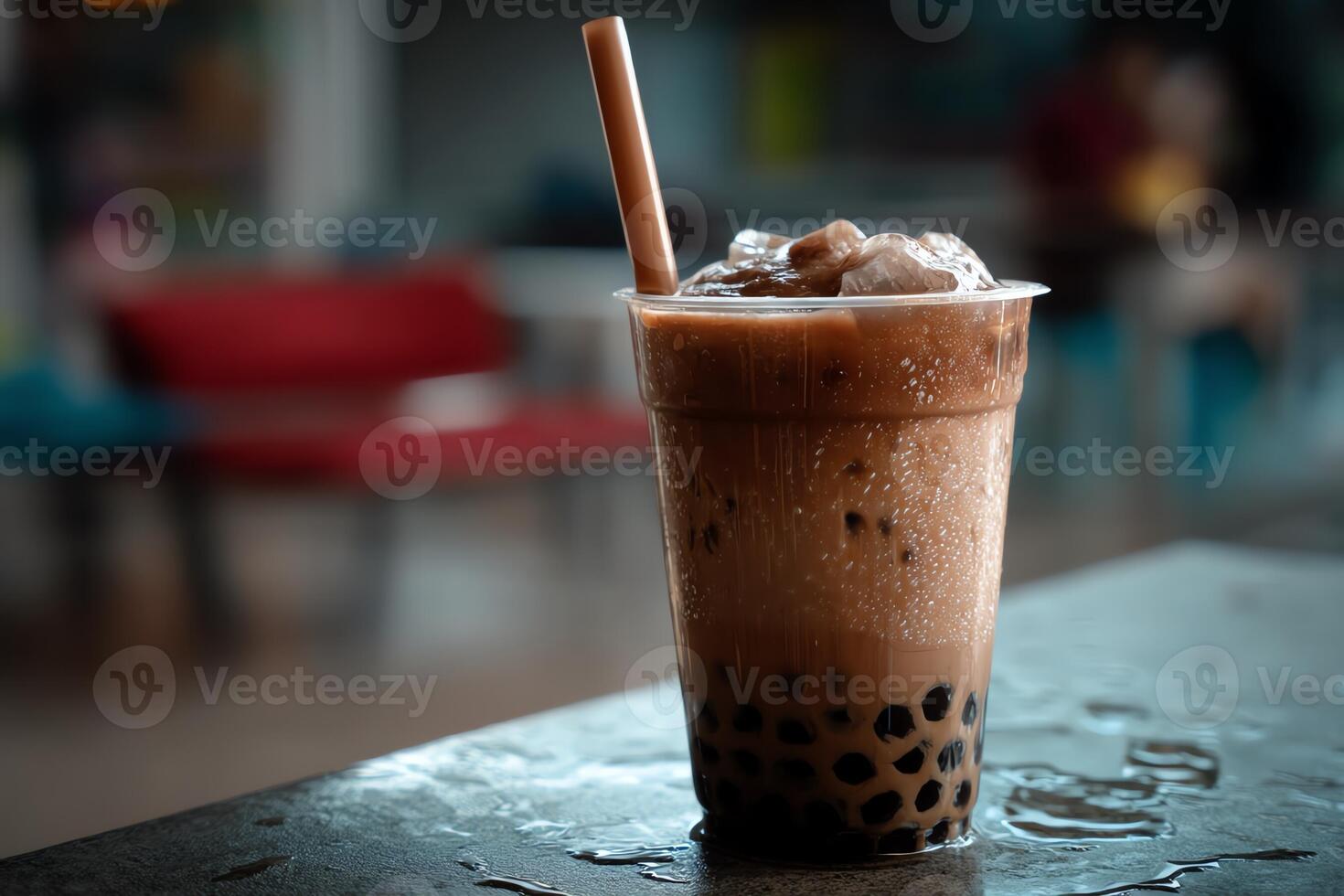 Refreshing iced chocolate bubble tea with tapioca pearls. photo