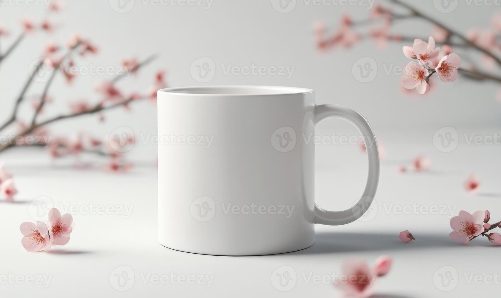 white mug mockup on white background with pink flowers photo