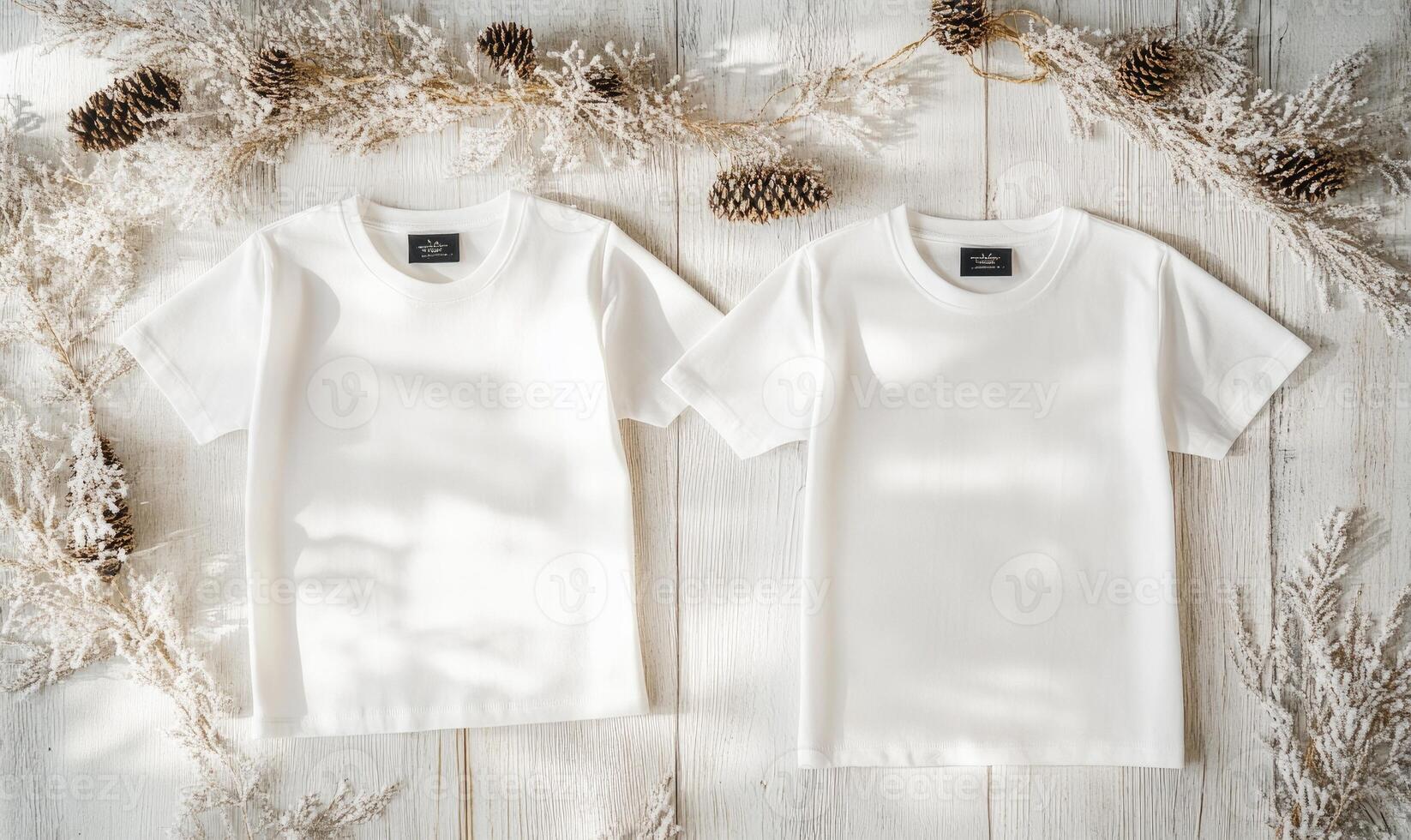 The t-shirts are identical, and the pine cones create a cozy, wintery atmosphere photo