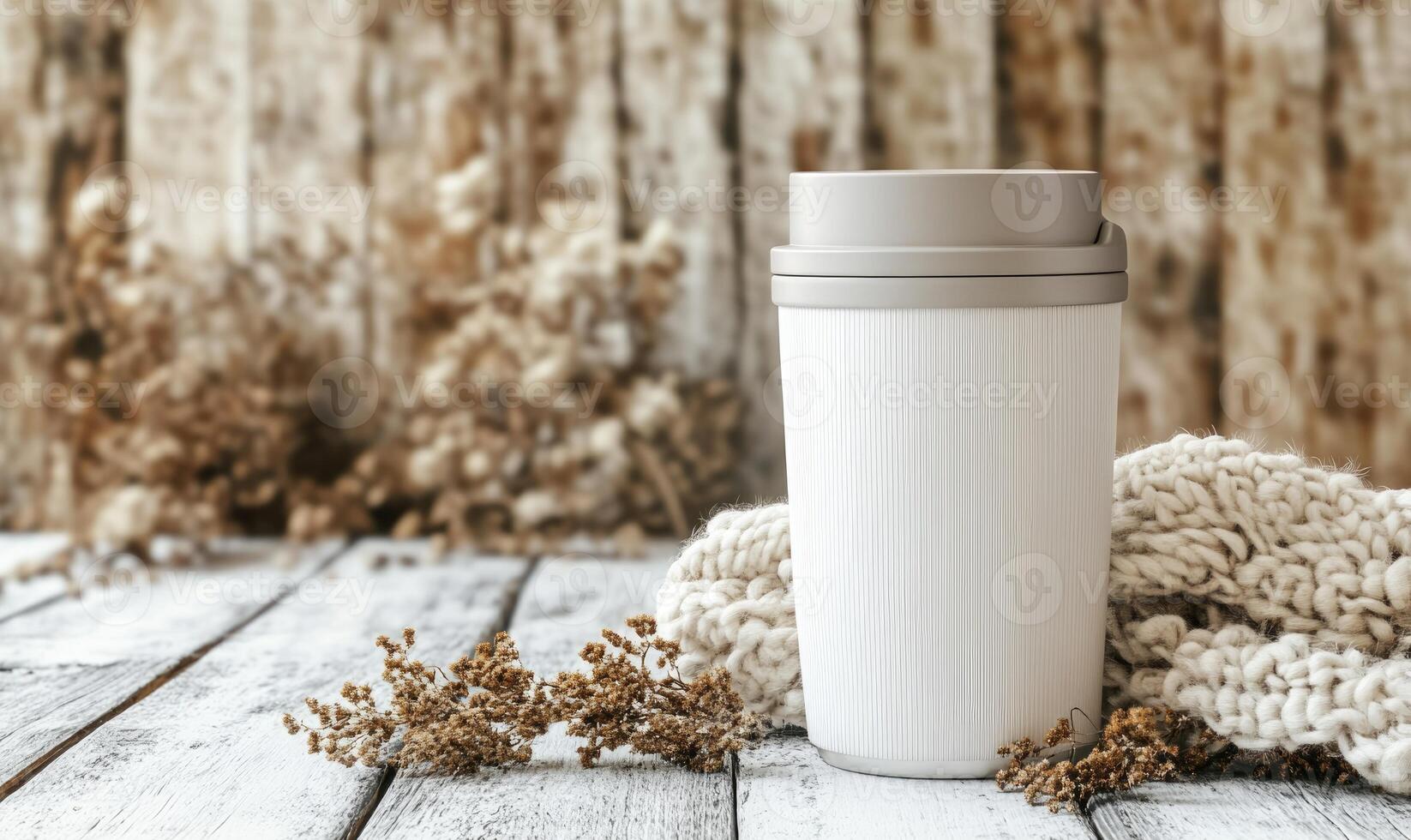 a white cup sitting on a wooden table with a blanket photo