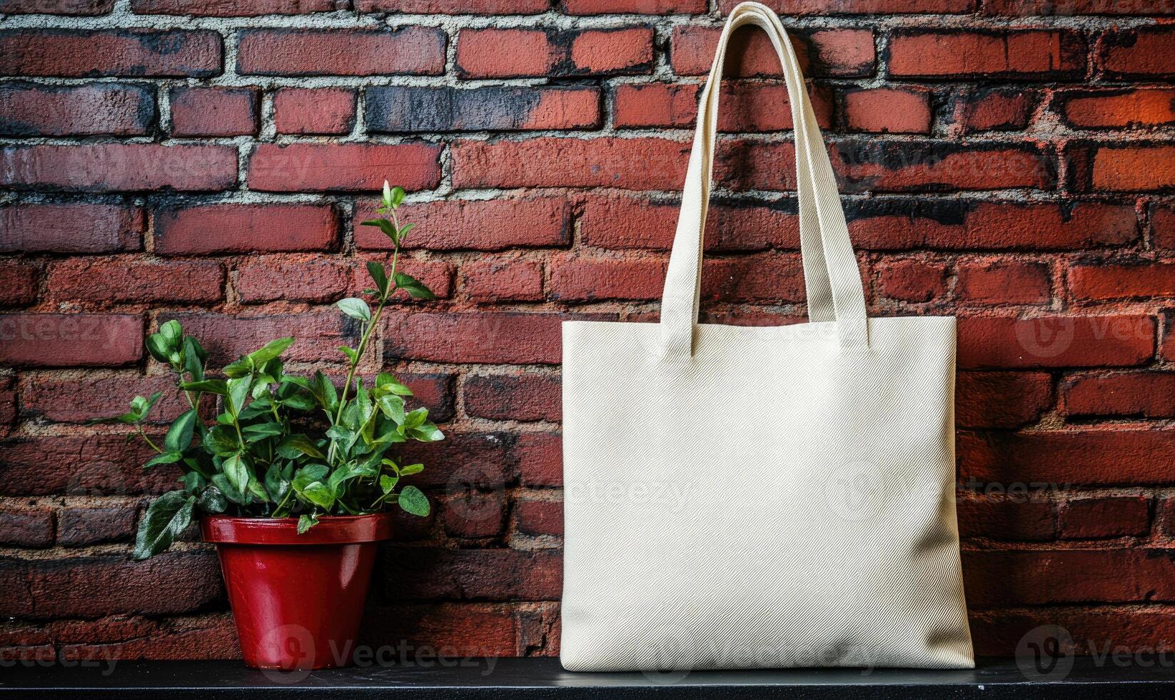 a tote bag and a plant on a brick wall photo