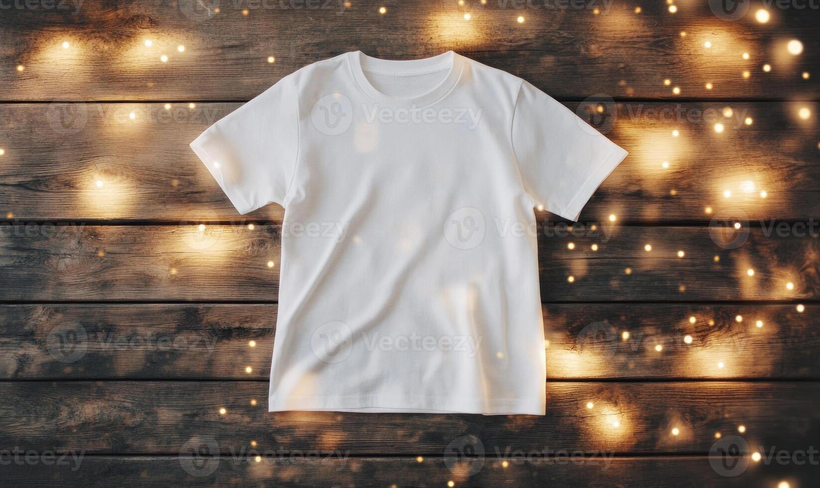 A white shirt is laying on a wooden surface with a lot of light shining on it photo