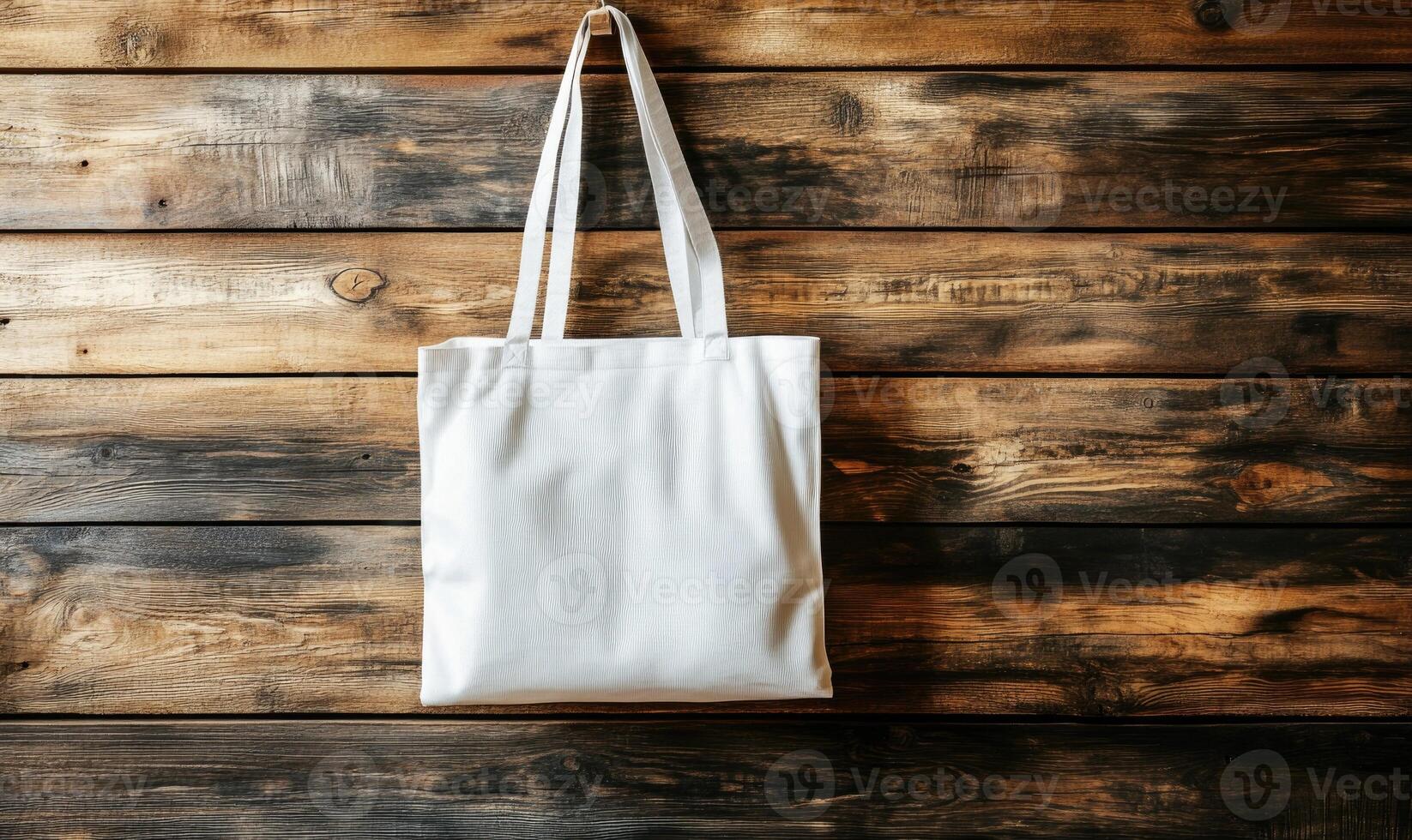 white tote bag hanging on wooden wall photo