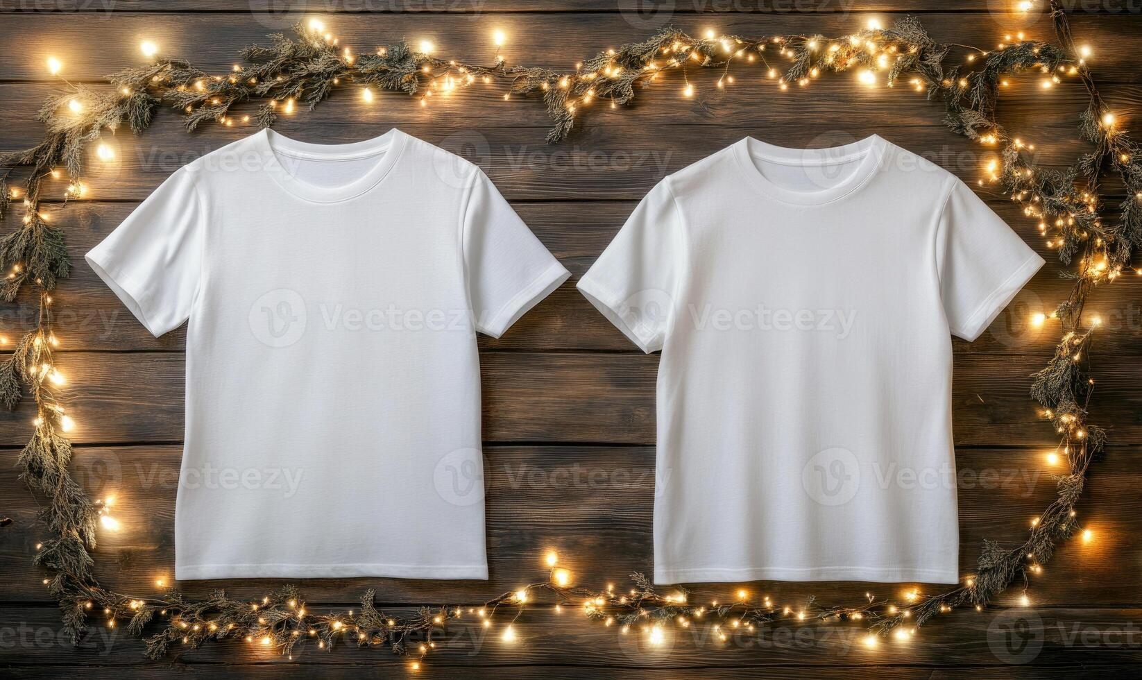 The t-shirts are identical and the background is decorated with lights photo