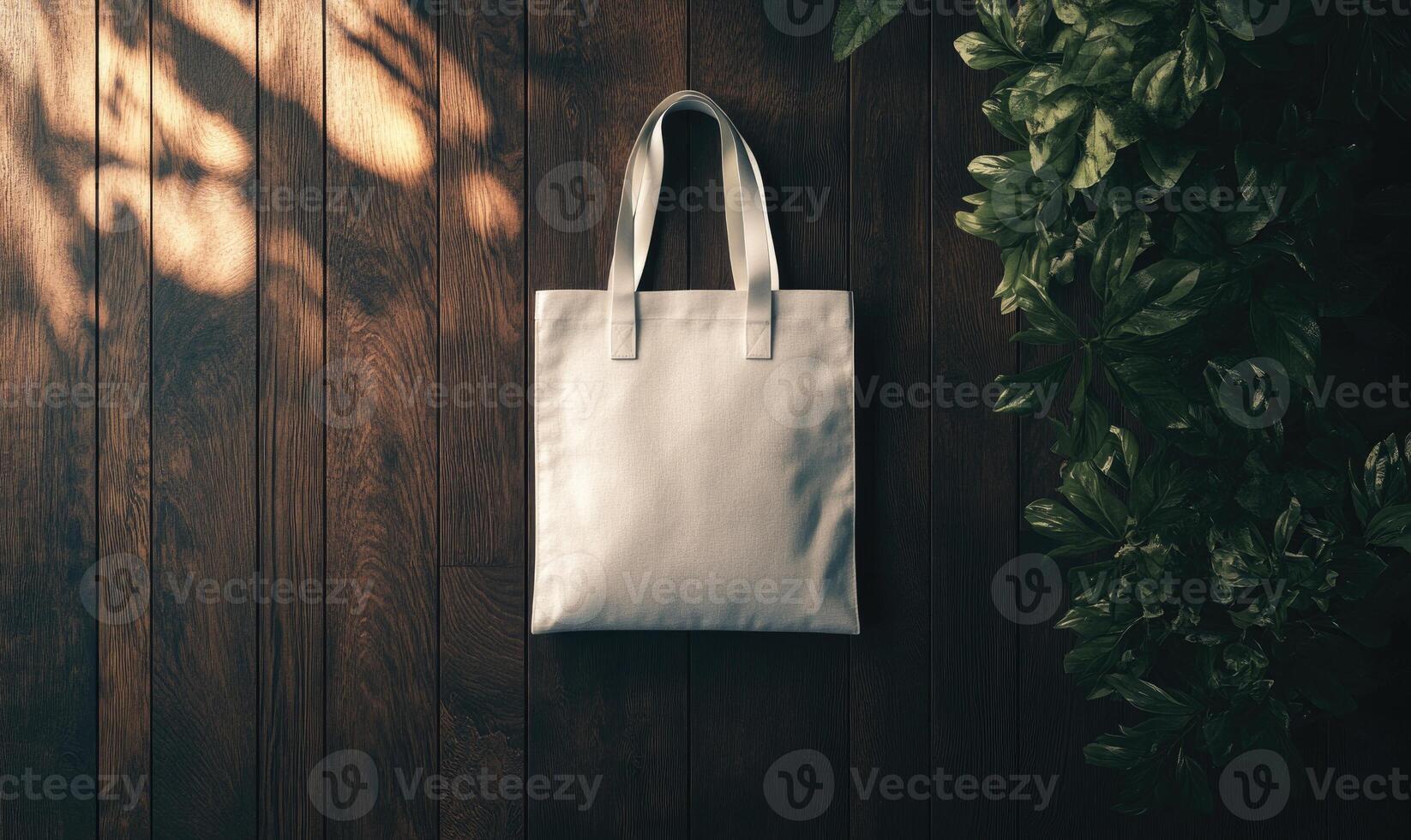 white tote bag mockup on wooden background photo