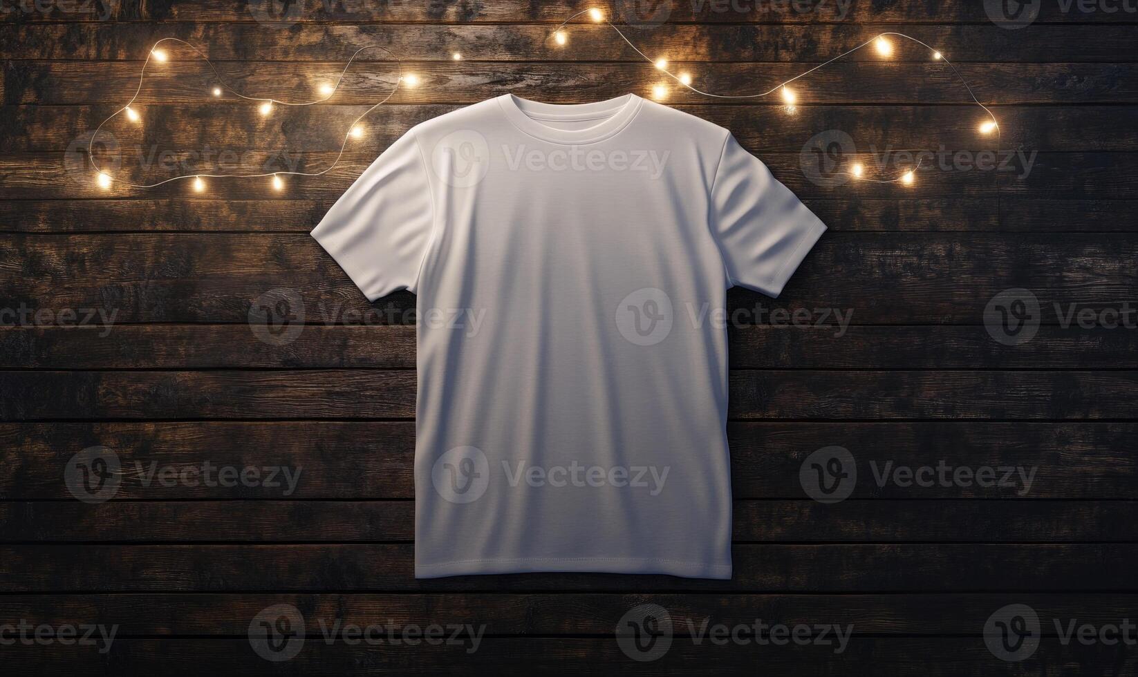 white t - shirt on wooden background with string lights photo
