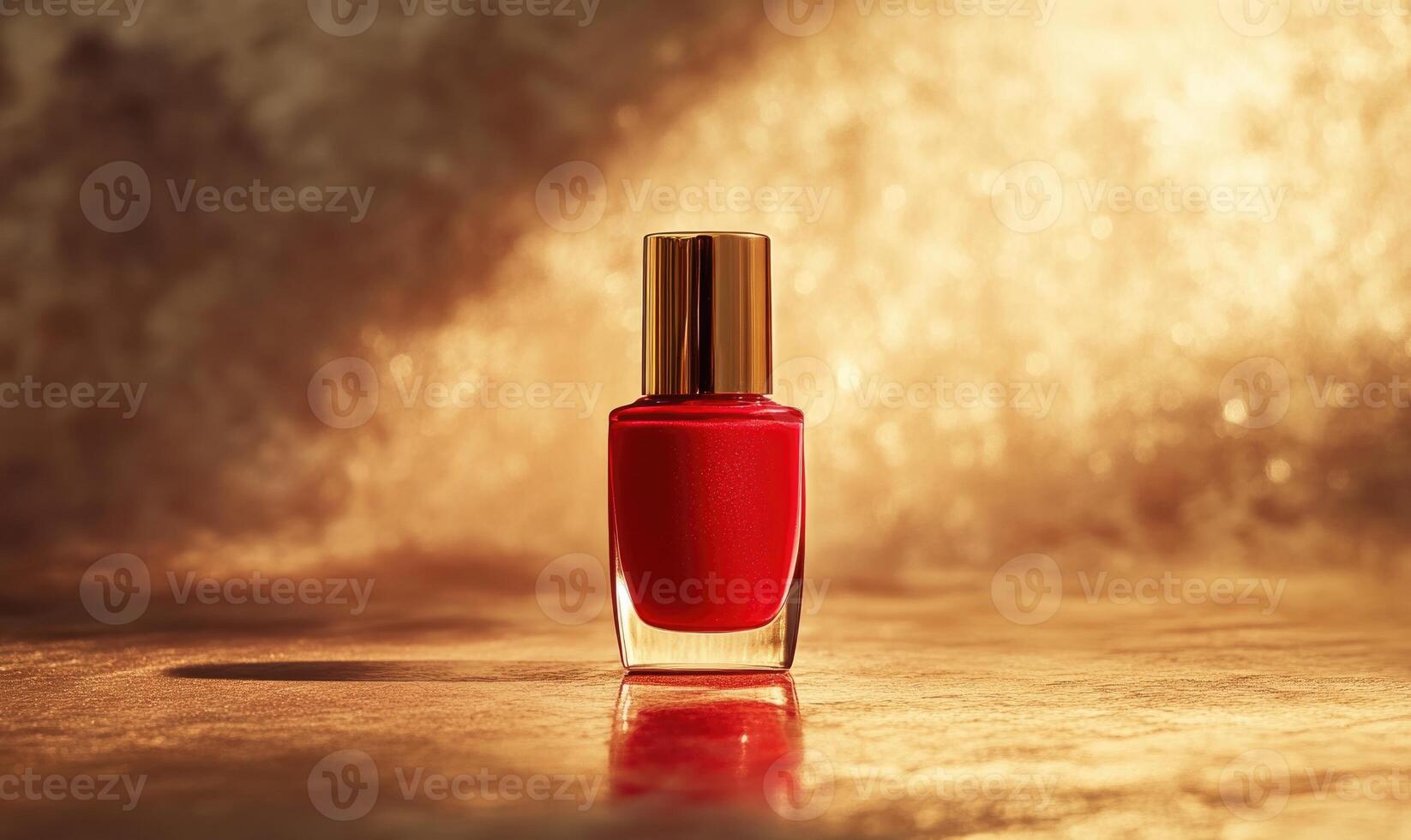 A bottle of scarlet red nail polish sitting on a table with warm light photo