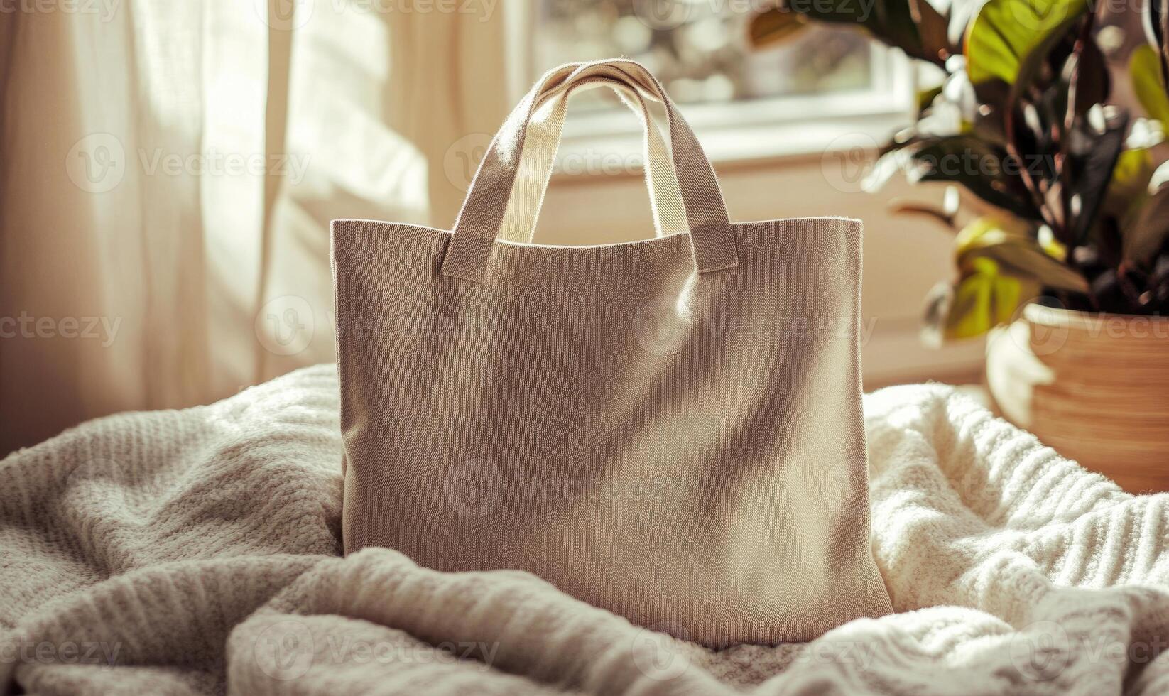 A white bag with a pattern on it is laying on a bed photo