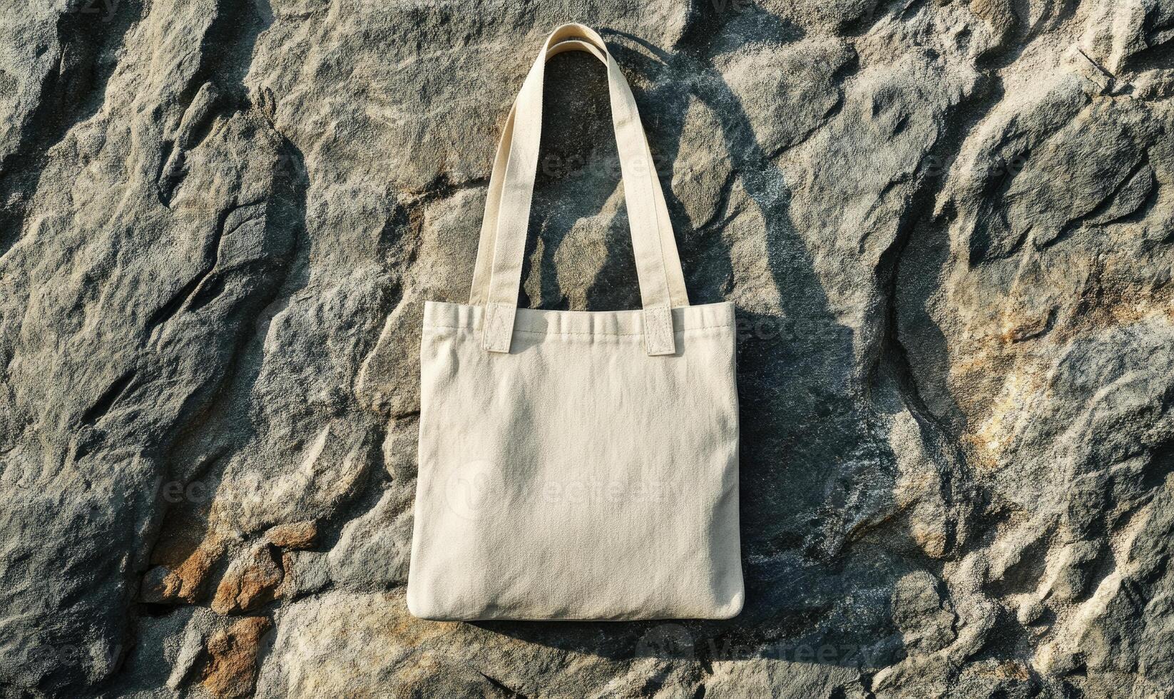 a white tote bag hanging on a rock wall photo