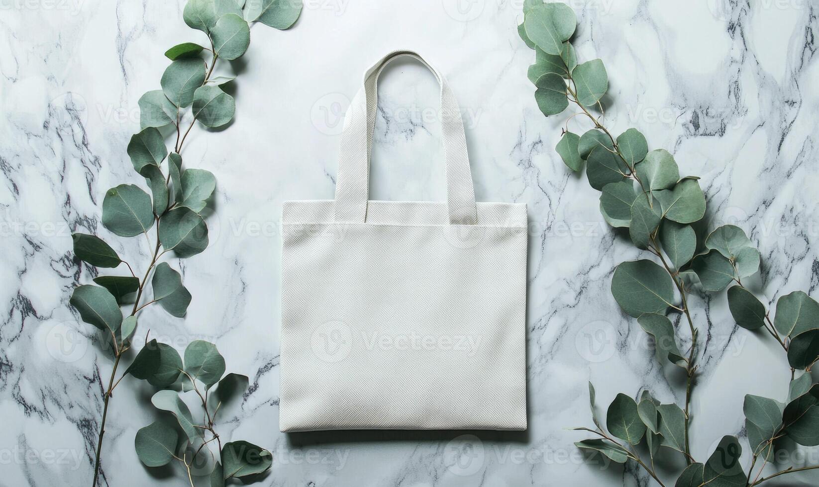 A white bag with a pattern on it is placed on a marble countertop photo